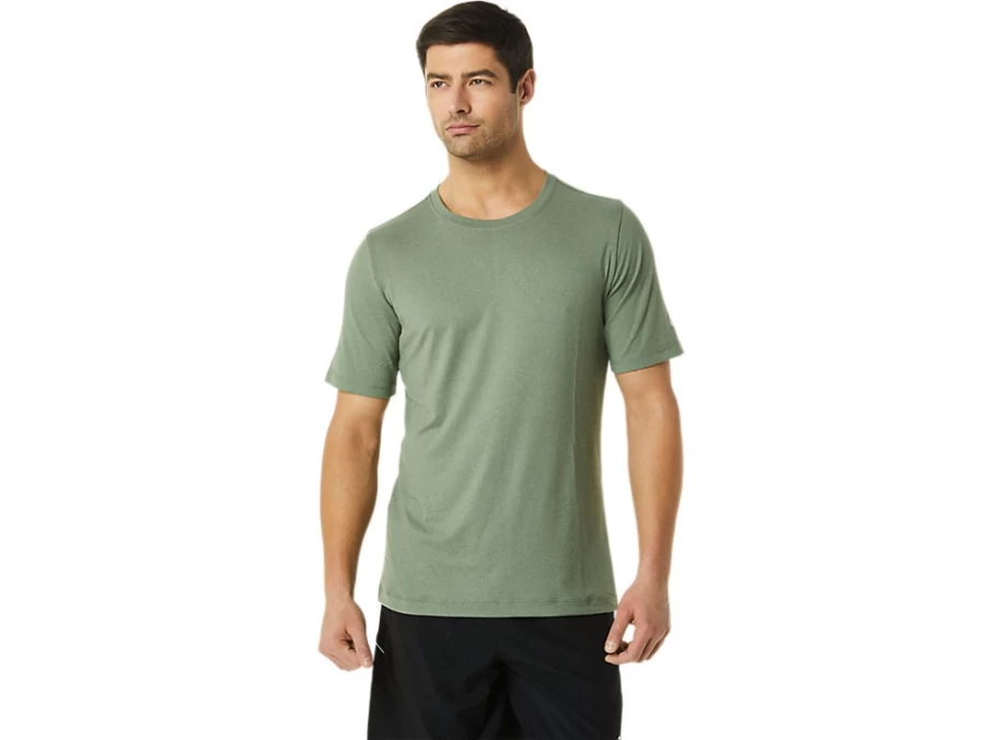 ASICS Men's SS HTHR Tech Top - Lichen Green Heather Performance Shirt