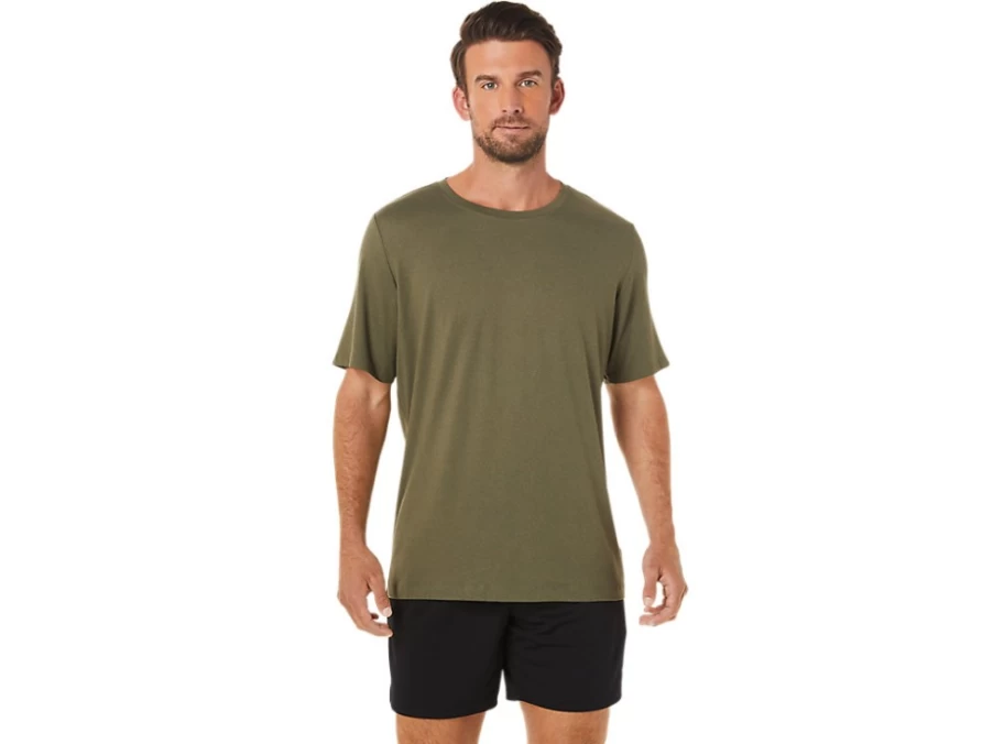 ASICS Men's SS HTHR Tech Top - Olive Canvas Heather Athletic Shirt