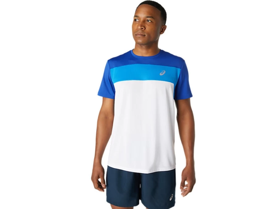 ASICS Men's Race Short Sleeve Top - Brilliant White/Monaco Blue Running Shirt