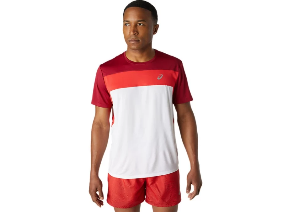 ASICS Men's Race Short Sleeve Top - Brilliant White & Burgundy Running Shirt
