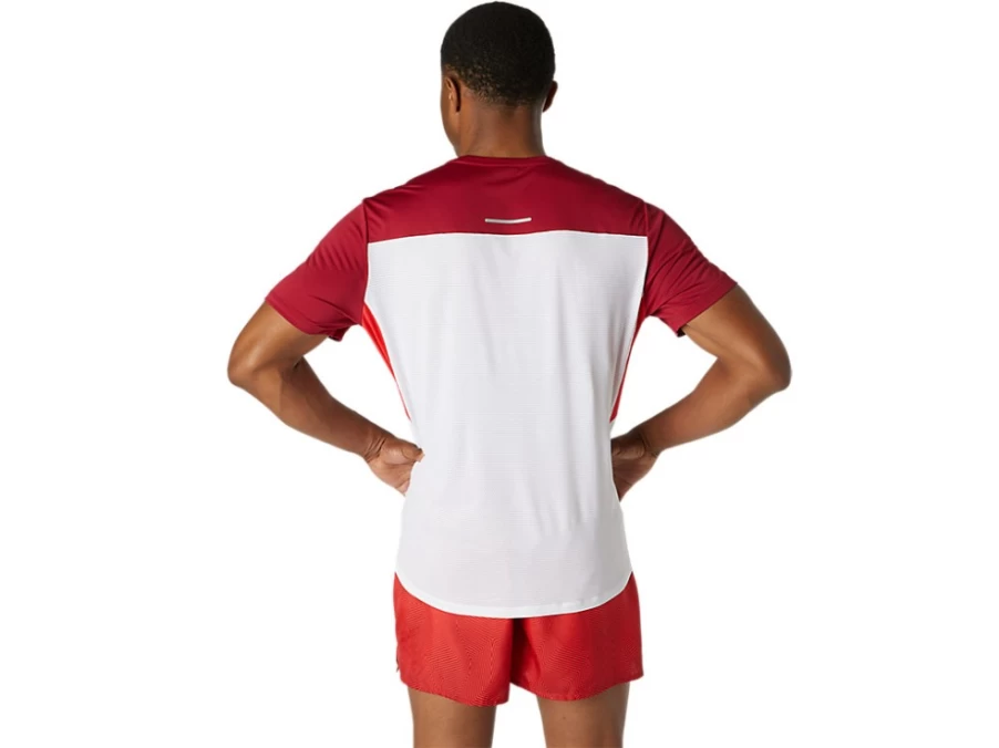 ASICS Men's Race Short Sleeve Top - Brilliant White & Burgundy Running Shirt