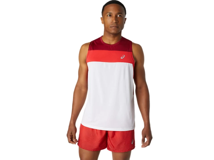 ASICS Men's Race Singlet - Brilliant White/Burgundy Running Top for Competition