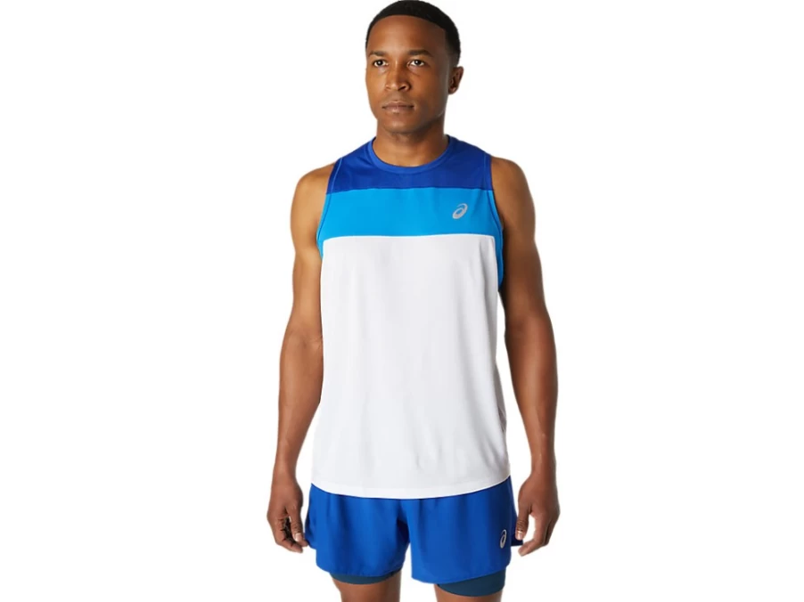ASICS Men's Race Singlet - Brilliant White/Monaco Blue Running Top