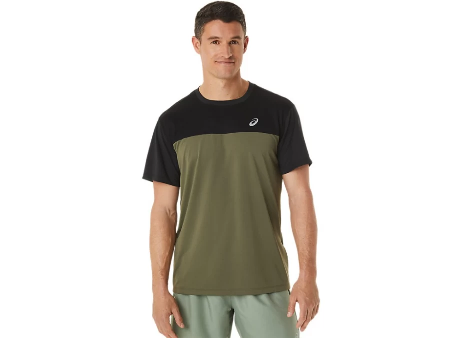 ASICS Men's Race Short Sleeve Top - Performance Black/Mantle Green Running Shirt