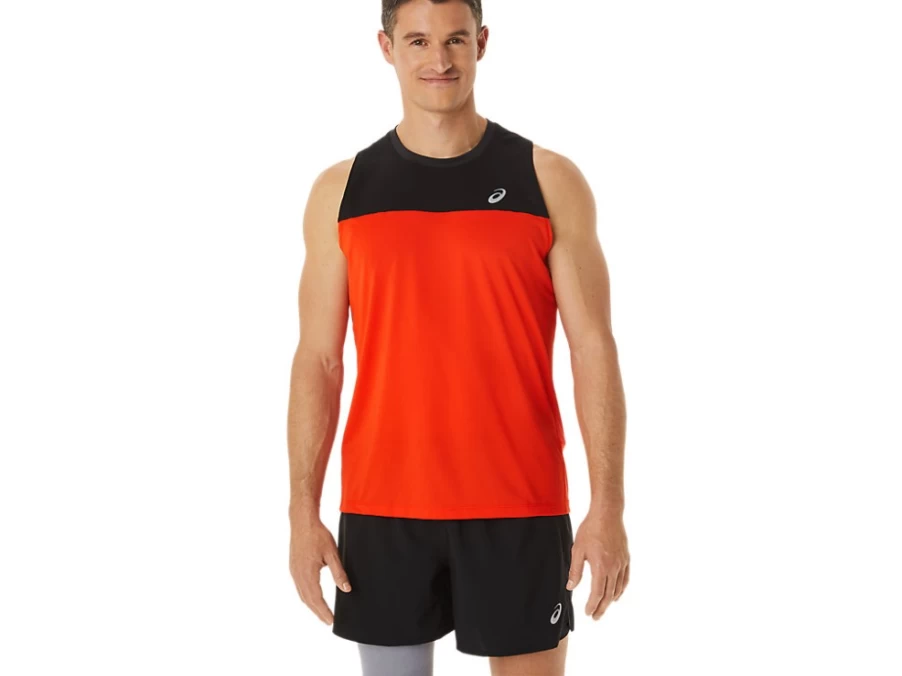 ASICS Men's Race Singlet - Performance Black/Cherry Tomato Running Top for Competition