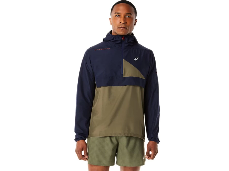 ASICS Men's FujiTrail Anorak Jacket - Midnight/Mantle Green Waterproof Running Shell