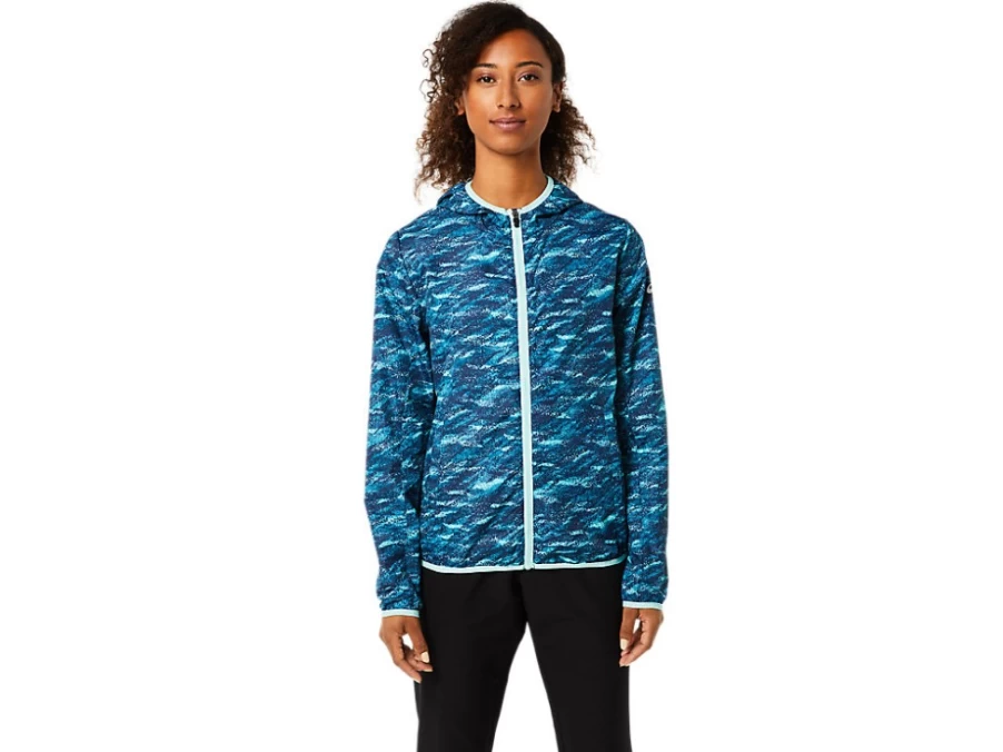 ASICS Women's Teal Print Packable Jacket - Lightweight Travel Windbreaker in Fresh Ice Color