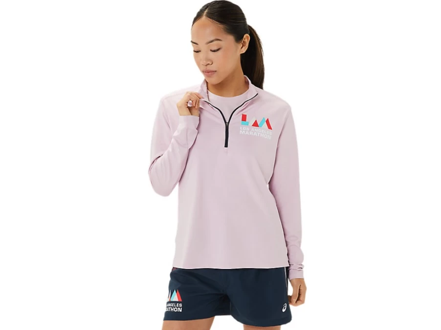 ASICS Women's Ready-Set Half Zip Lam Pullover - Barely Rose & French Blue Lightweight Running Jacket