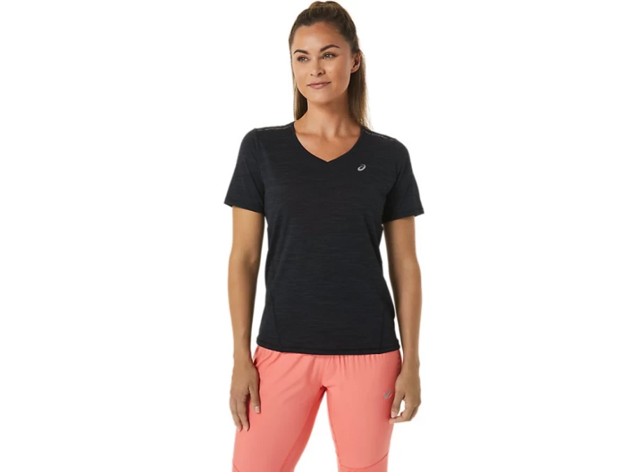 ASICS Women's Race V-Neck Short Sleeve Performance Top - Black/Charcoal Grey Athletic Shirt