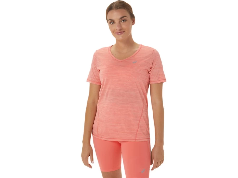 ASICS Women's Race V-Neck Short Sleeve Top - Papaya/Guava Color Running Shirt