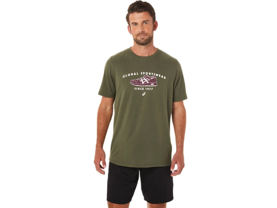 ASICS Unisex Olive Canvas 1977 Sportswear Vintage Tee - Retro Athletic T-Shirt
