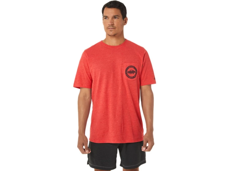 ASICS Men's M 1977 MTN Pocket Tee in Classic Red Heather - Vintage Athletic Style