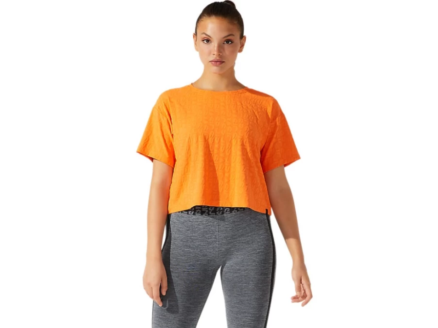 ASICS Women's Sun Peach Cropped Jacquard Short Sleeve T-Shirt with Logo