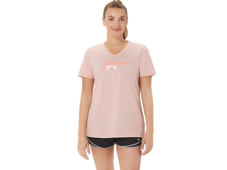 ASICS Women's Frosted Rose V-Neck Stripes Athletic Top