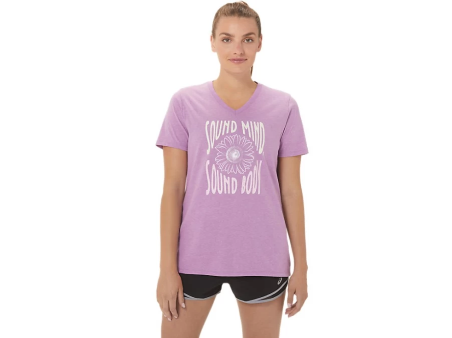 ASICS Women's Orchid Heather Sunflower Slogan V-Neck T-Shirt