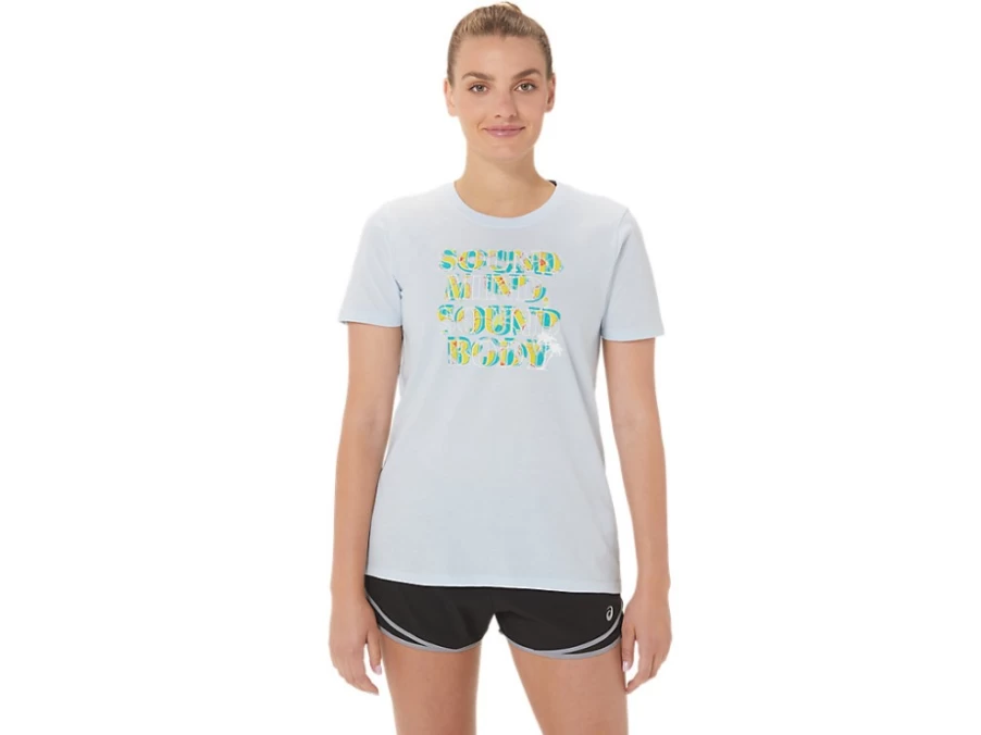 ASICS Women's HIBISCUS SLOGAN CREW T-Shirt in Soft Sky | Lightweight Comfort Crewneck Top
