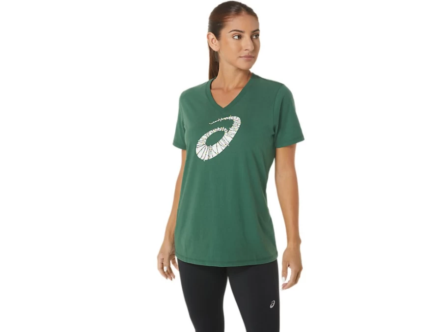 ASICS Women's Holiday Lights Logo V-Neck T-Shirt in Hunter Green