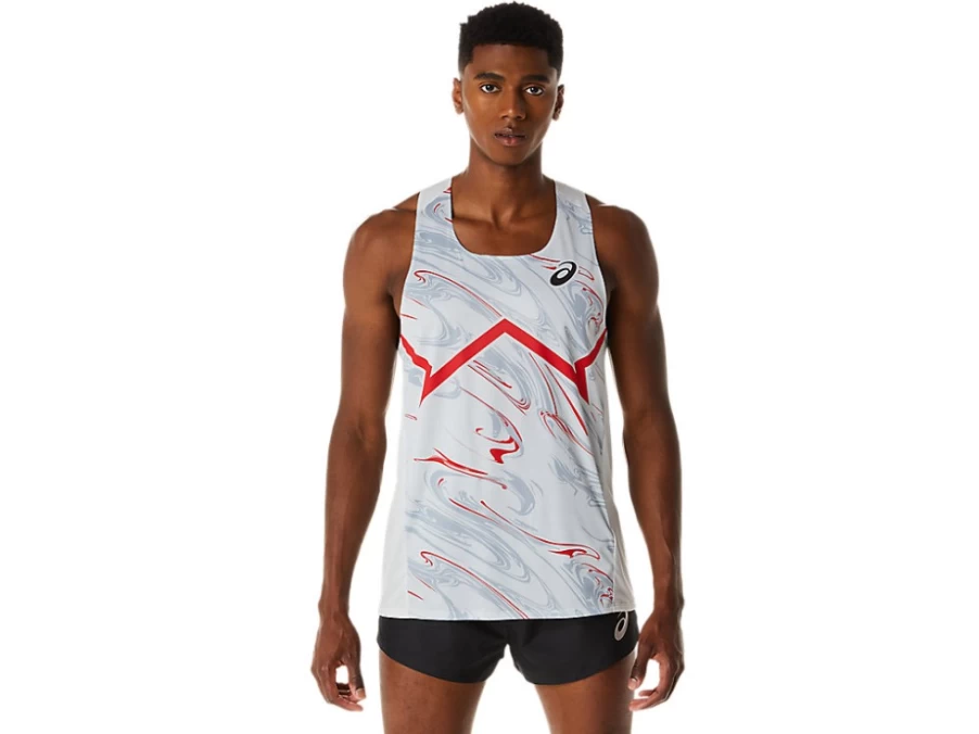 ASICS Men's CJ-Line Lightweight Singlet - Glacier Grey/Electric Red - Performance Running Top